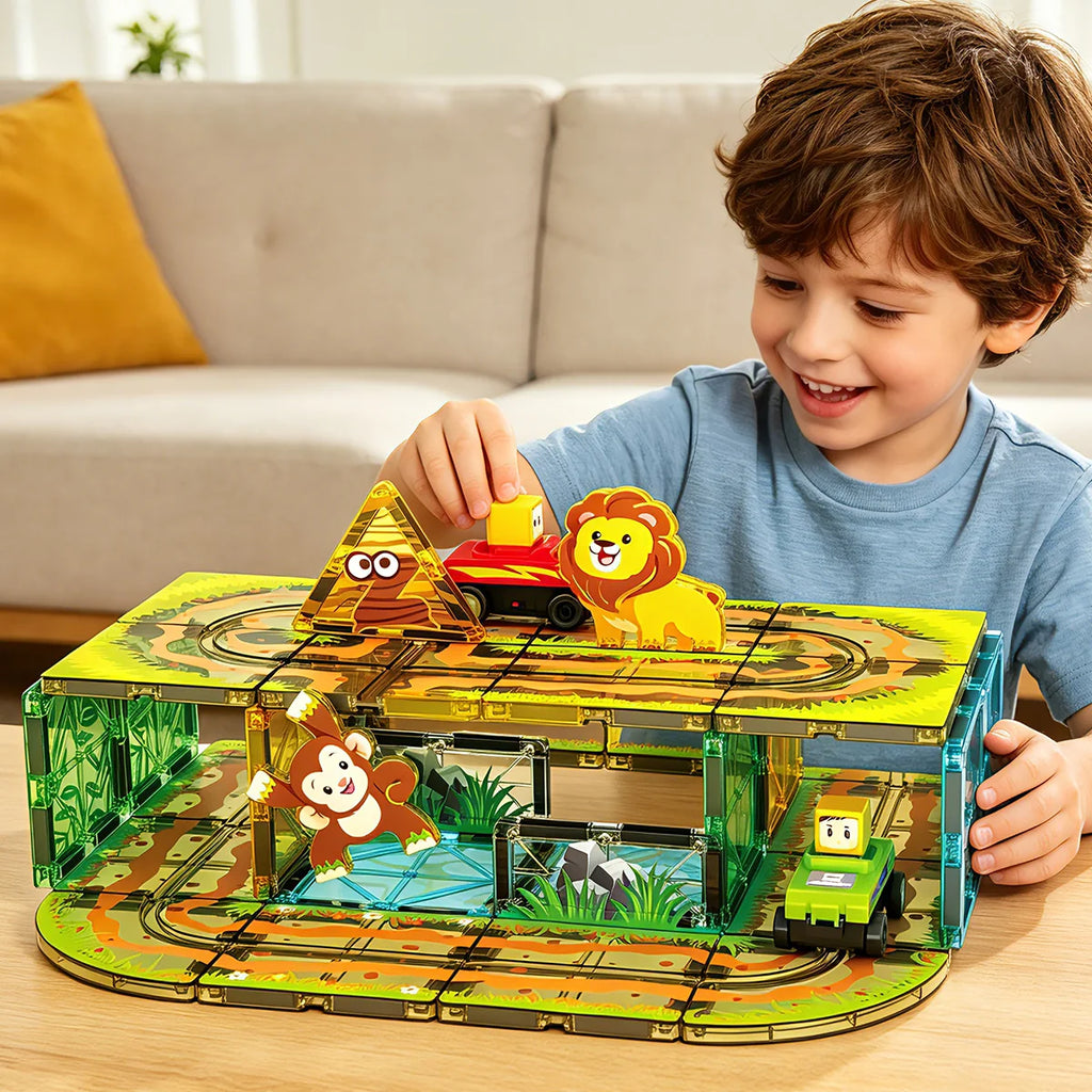 Blocos de Montar Magnéticos 45 Peças Brastoy Brinquedo Educativo Infantil Construção Tema Safari com Animais