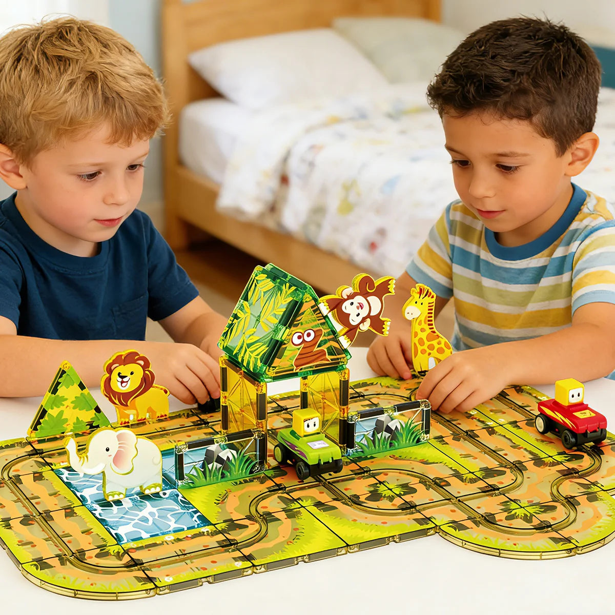 Blocos de Montar Magnéticos 45 Peças Brastoy Brinquedo Educativo Infantil Construção Tema Safari com Animais