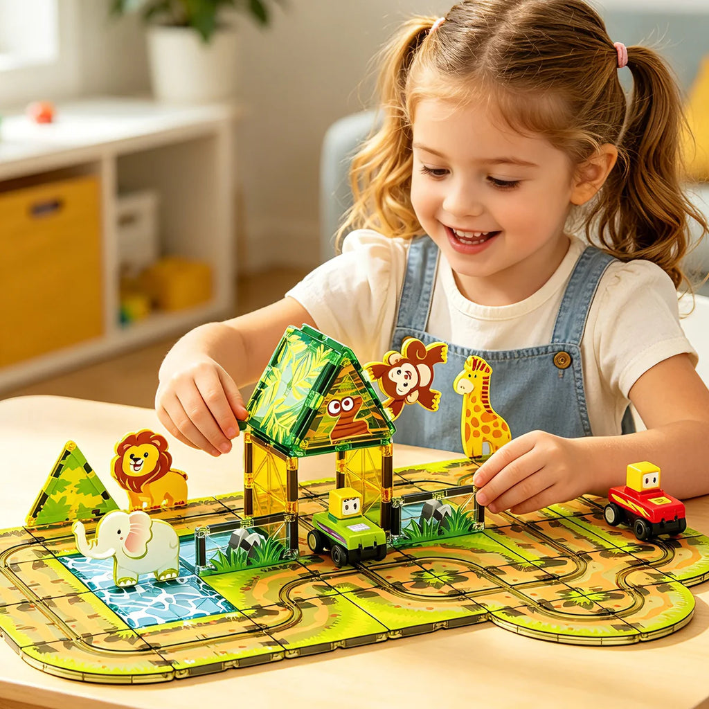 Blocos de Montar Magnéticos 45 Peças Brastoy Brinquedo Educativo Infantil Construção Tema Safari com Animais