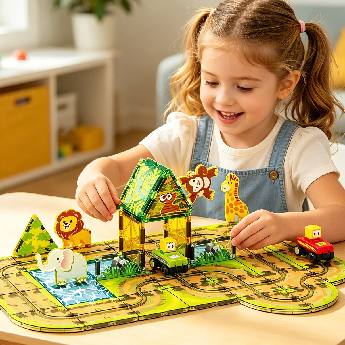 Blocos de Montar Magnéticos 45 Peças Brastoy Brinquedo Educativo Infantil Construção Tema Safari com Animais