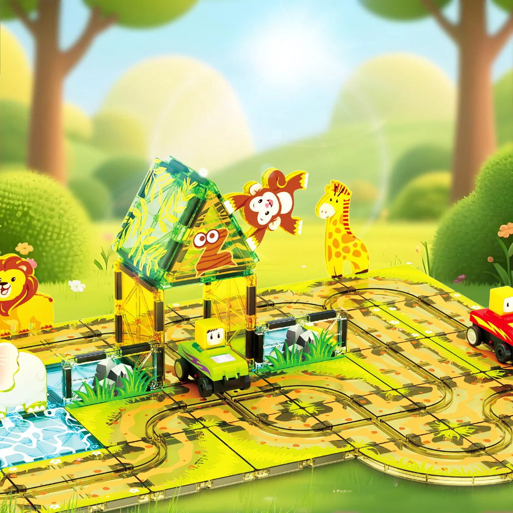 Blocos de Montar Magnéticos 45 Peças Brastoy Brinquedo Educativo Infantil Construção Tema Safari com Animais