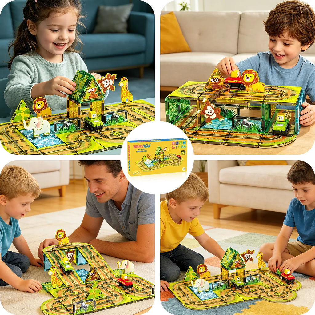 Blocos de Montar Magnéticos 45 Peças Brastoy Brinquedo Educativo Infantil Construção Tema Safari com Animais