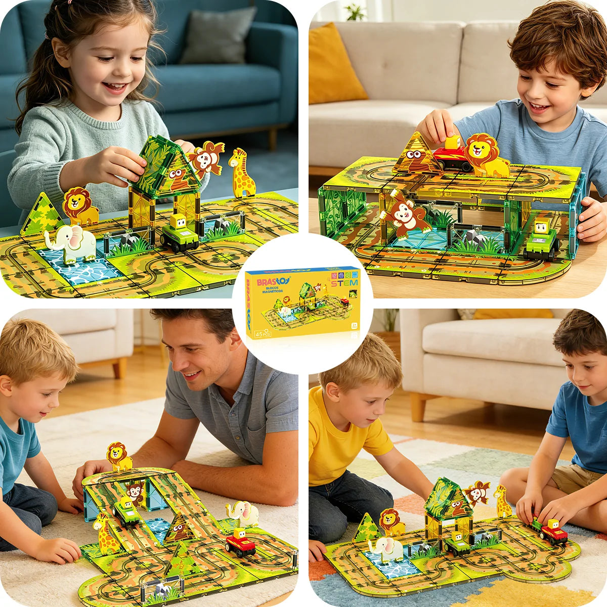 Blocos de Montar Magnéticos 45 Peças Brastoy Brinquedo Educativo Infantil Construção Tema Safari com Animais