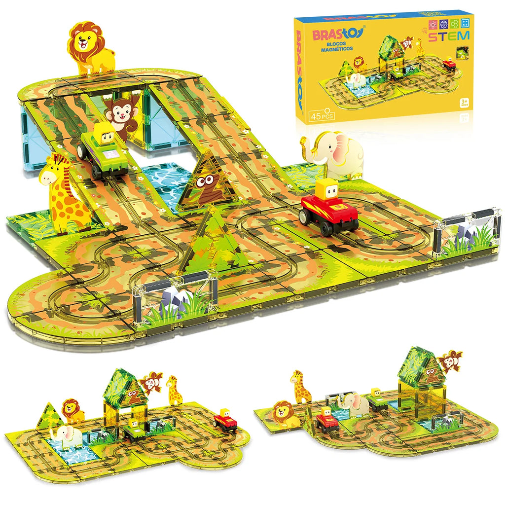 Blocos de Montar Magnéticos 45 Peças Brastoy Brinquedo Educativo Infantil Construção Tema Safari com Animais