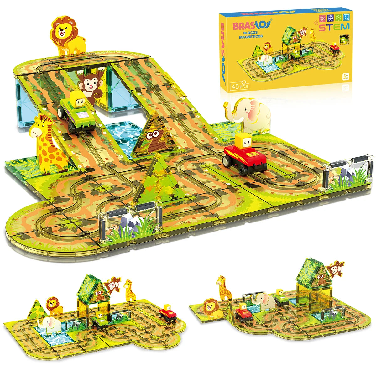 Blocos de Montar Magnéticos 45 Peças Brastoy Brinquedo Educativo Infantil Construção Tema Safari com Animais