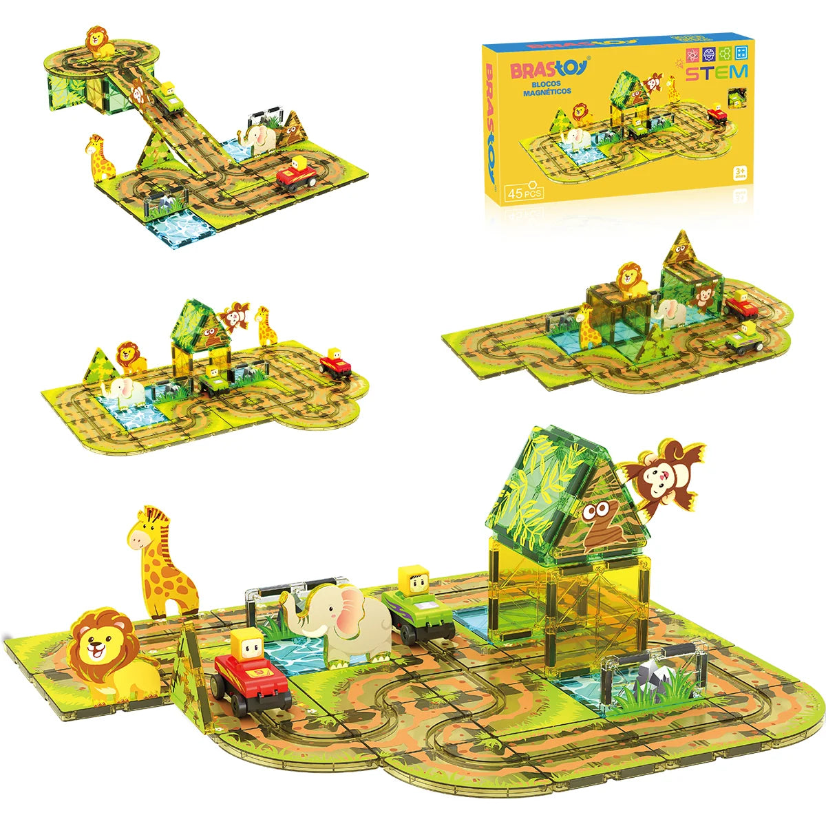 Blocos de Montar Magnéticos 45 Peças Brastoy Brinquedo Educativo Infantil Construção Tema Safari com Animais