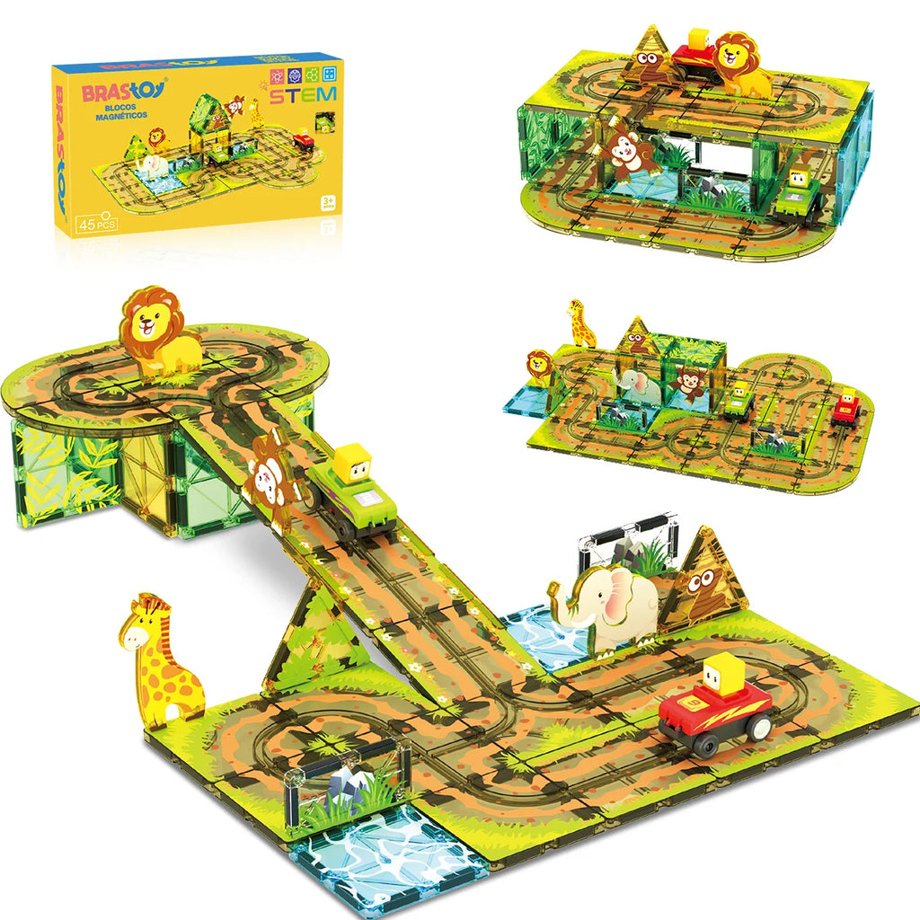 Blocos de Montar Magnéticos 45 Peças Brastoy Brinquedo Educativo Infantil Construção Tema Safari com Animais