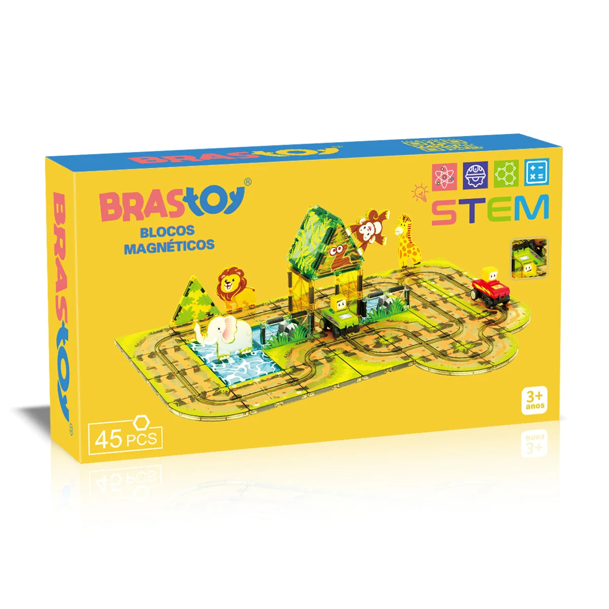 Blocos de Montar Magnéticos 45 Peças Brastoy Brinquedo Educativo Infantil Construção Tema Safari com Animais