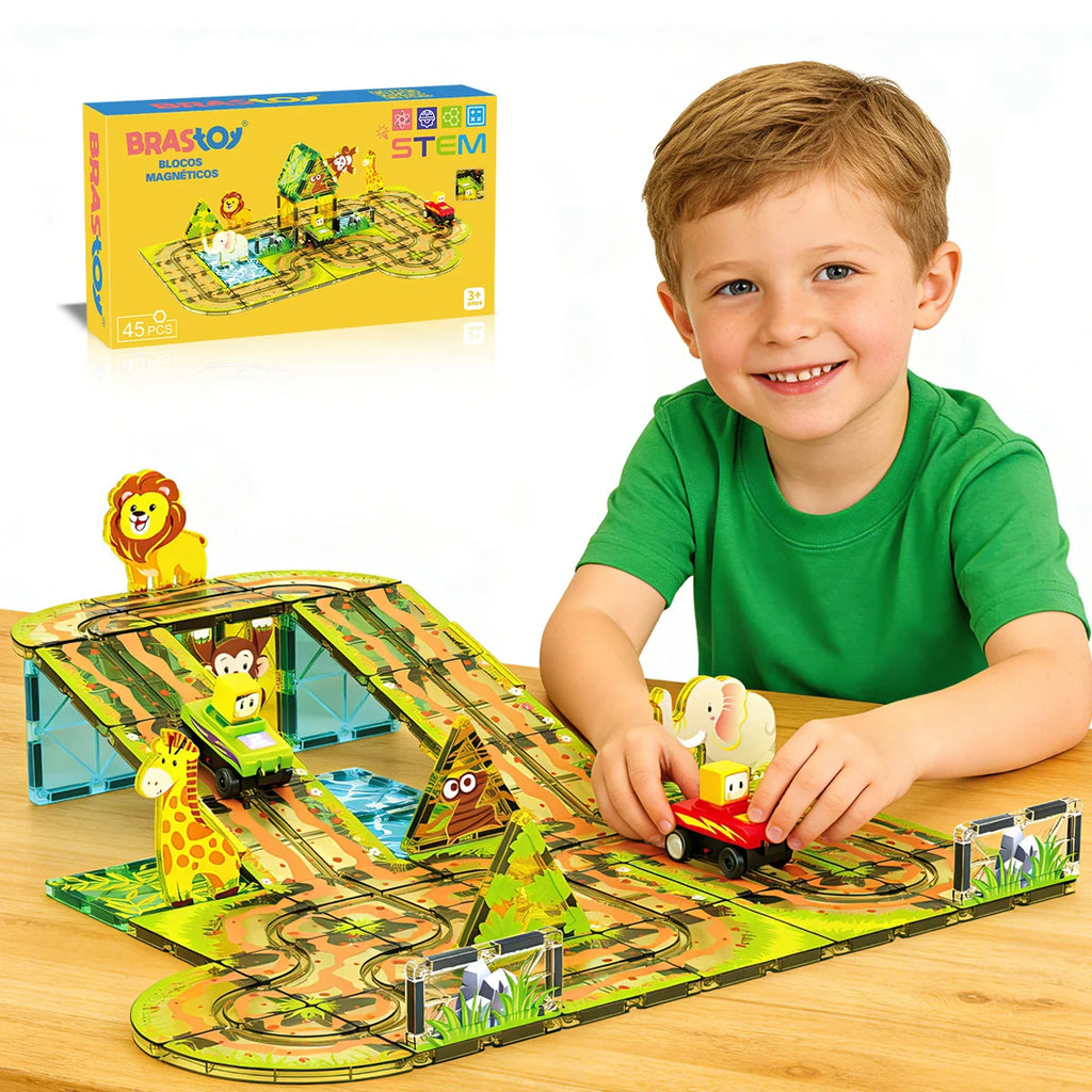 Blocos de Montar Magnéticos 45 Peças Brastoy Brinquedo Educativo Infantil Construção Tema Safari com Animais