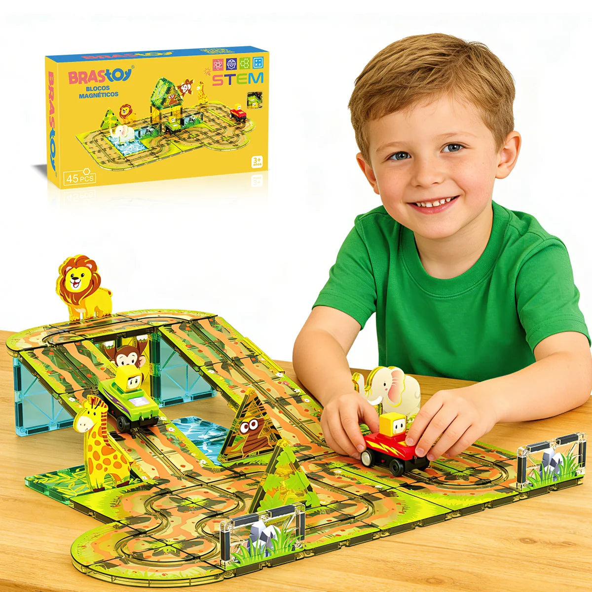 Blocos de Montar Magnéticos 45 Peças Brastoy Brinquedo Educativo Infantil Construção Tema Safari com Animais