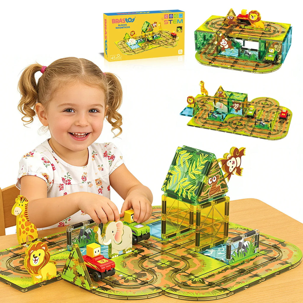 Blocos de Montar Magnéticos 45 Peças Brastoy Brinquedo Educativo Infantil Construção Tema Safari com Animais