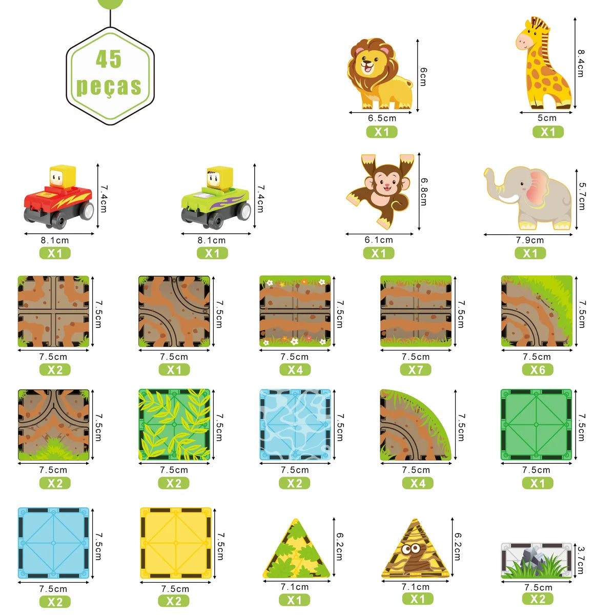 Blocos de Montar Magnéticos 45 Peças Brastoy Brinquedo Educativo Infantil Construção Tema Safari com Animais