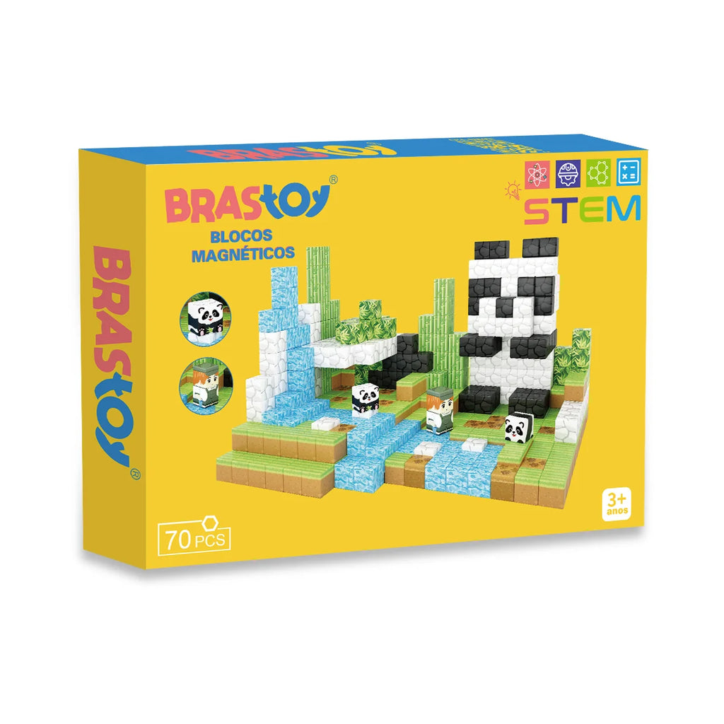 Blocos de Montar Magnéticos 70 Peças Brastoy Brinquedo Educativo Infantil Construção Tema de Panda