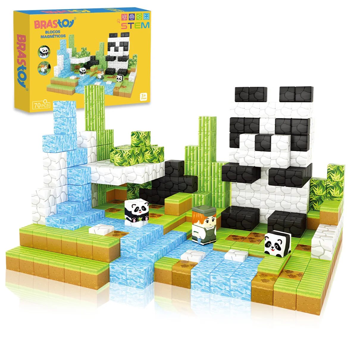 Blocos de Montar Magnéticos 70 Peças Brastoy Brinquedo Educativo Infantil Construção Tema de Panda