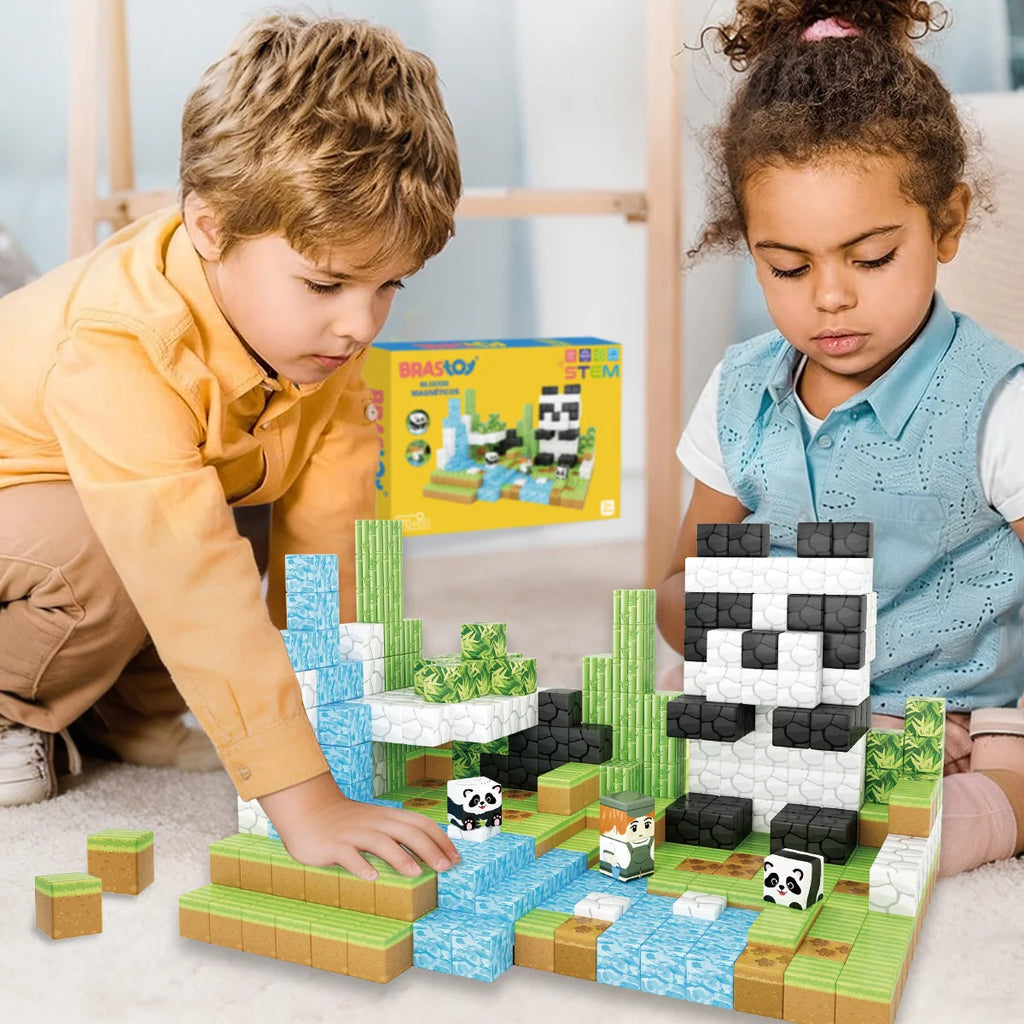 Blocos de Montar Magnéticos 70 Peças Brastoy Brinquedo Educativo Infantil Construção Tema de Panda