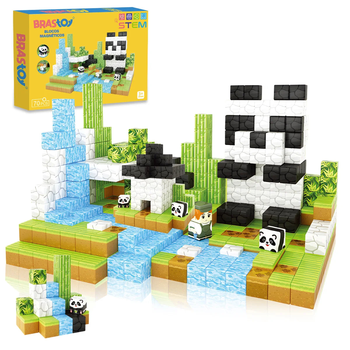 Blocos de Montar Magnéticos 70 Peças Brastoy Brinquedo Educativo Infantil Construção Tema de Panda