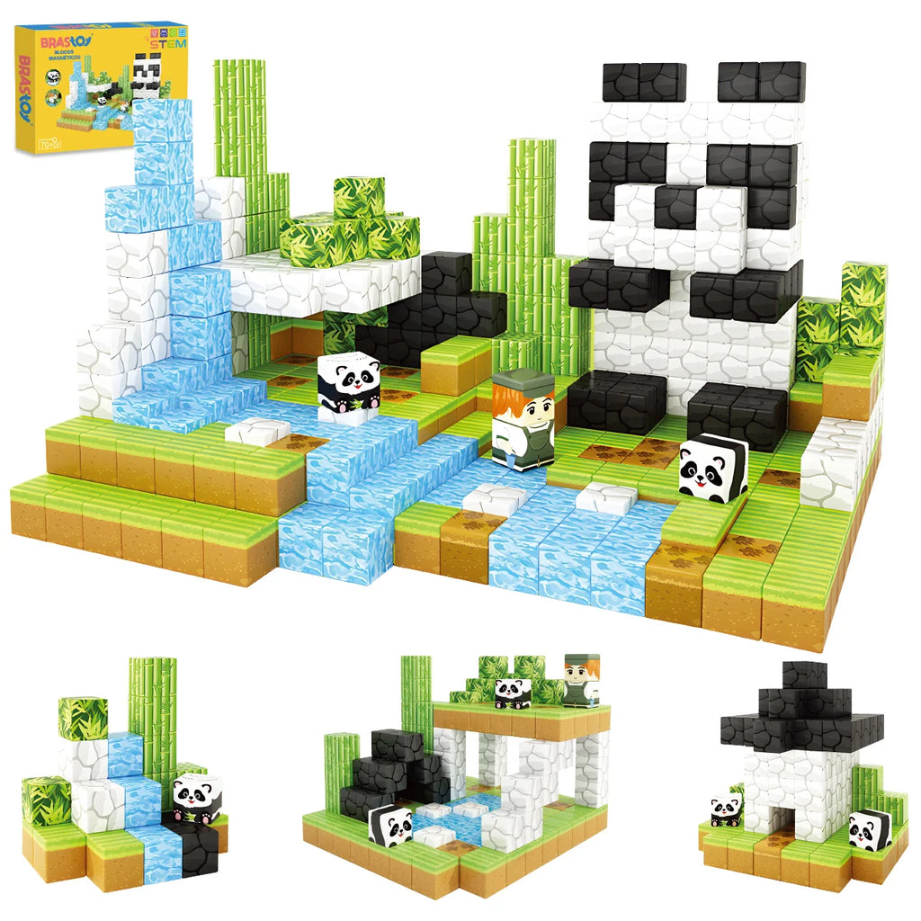 Blocos de Montar Magnéticos 70 Peças Brastoy Brinquedo Educativo Infantil Construção Tema de Panda