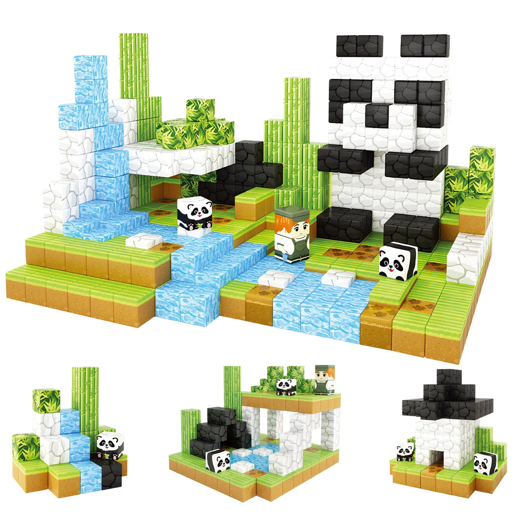 Blocos de Montar Magnéticos 70 Peças Brastoy Brinquedo Educativo Infantil Construção Tema de Panda