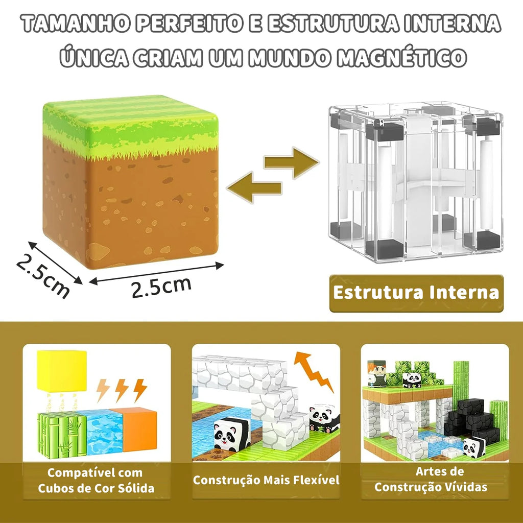 Blocos de Montar Magnéticos 70 Peças Brastoy Brinquedo Educativo Infantil Construção Tema de Panda