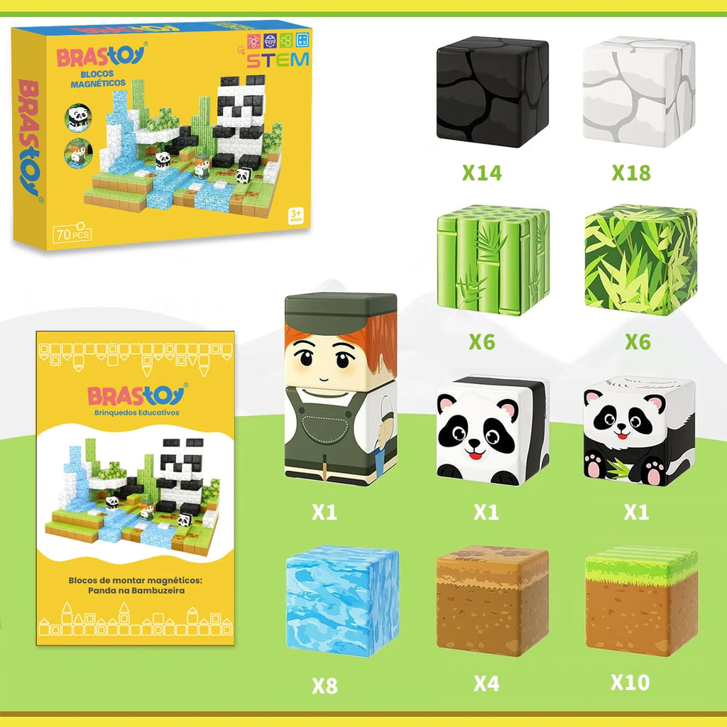 Blocos de Montar Magnéticos 70 Peças Brastoy Brinquedo Educativo Infantil Construção Tema de Panda