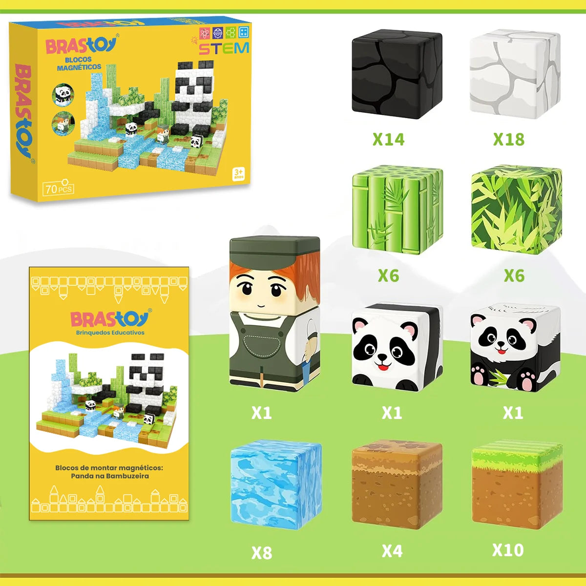 Blocos de Montar Magnéticos 70 Peças Brastoy Brinquedo Educativo Infantil Construção Tema de Panda