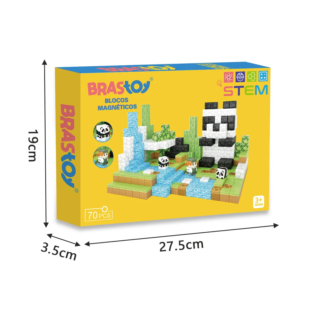 Blocos de Montar Magnéticos 70 Peças Brastoy Brinquedo Educativo Infantil Construção Tema de Panda
