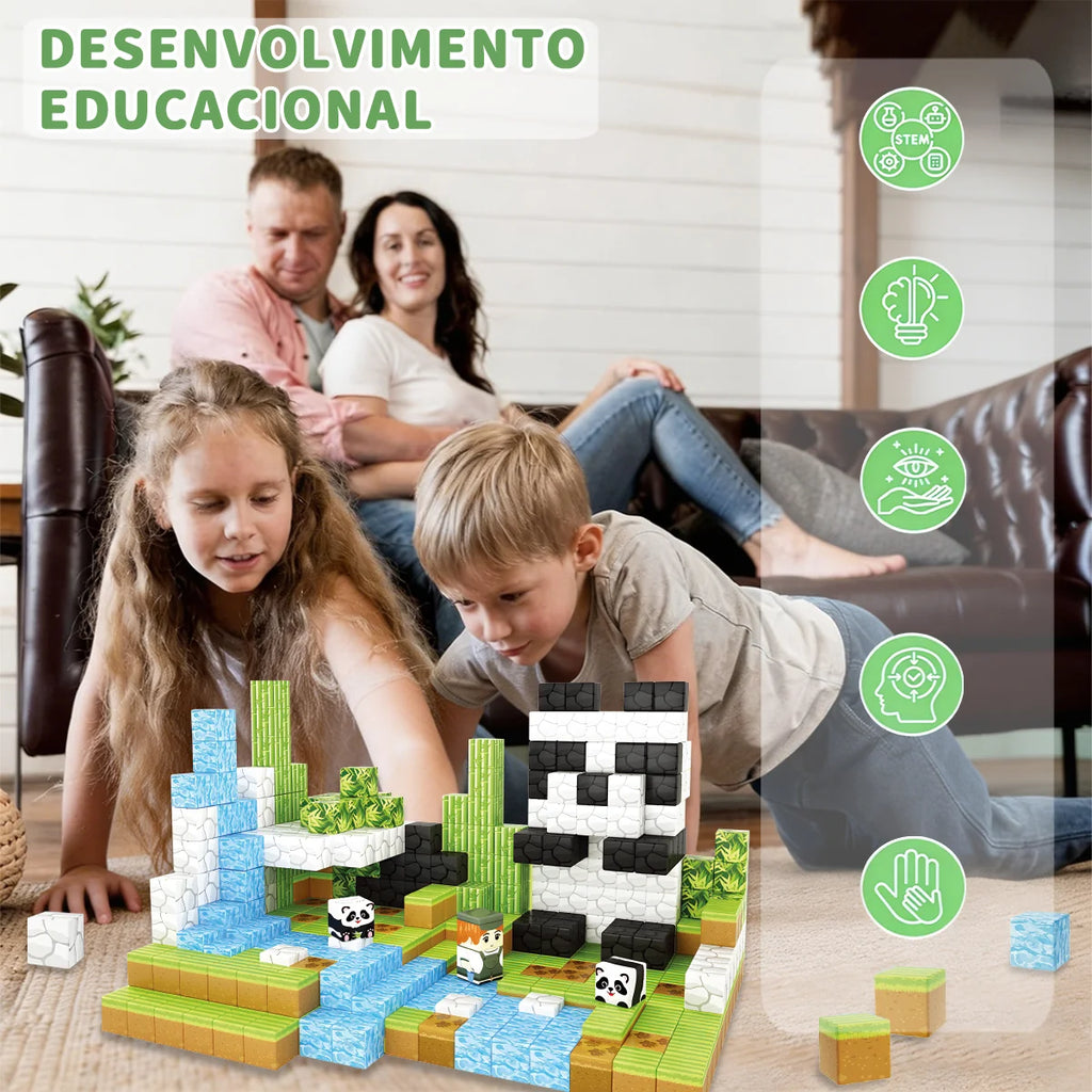 Blocos de Montar Magnéticos 70 Peças Brastoy Brinquedo Educativo Infantil Construção Tema de Panda