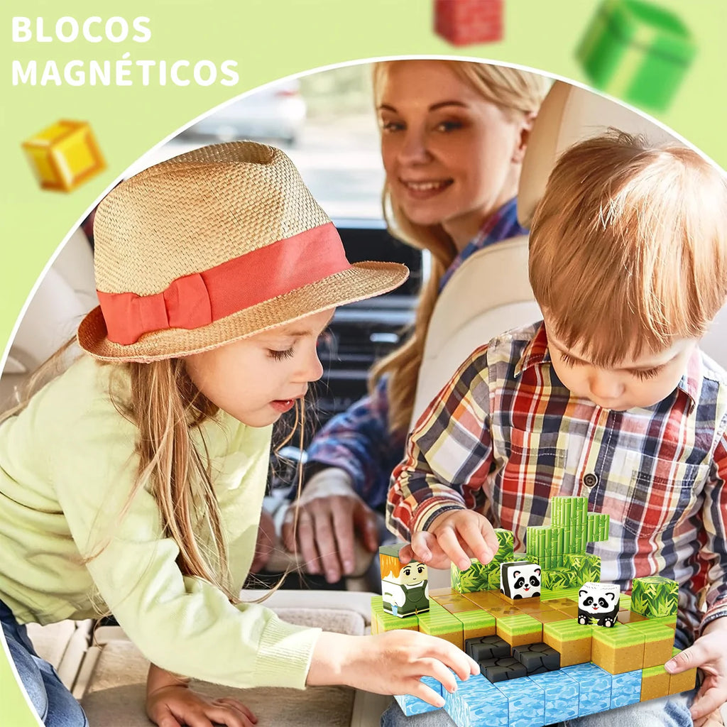 Blocos de Montar Magnéticos 70 Peças Brastoy Brinquedo Educativo Infantil Construção Tema de Panda