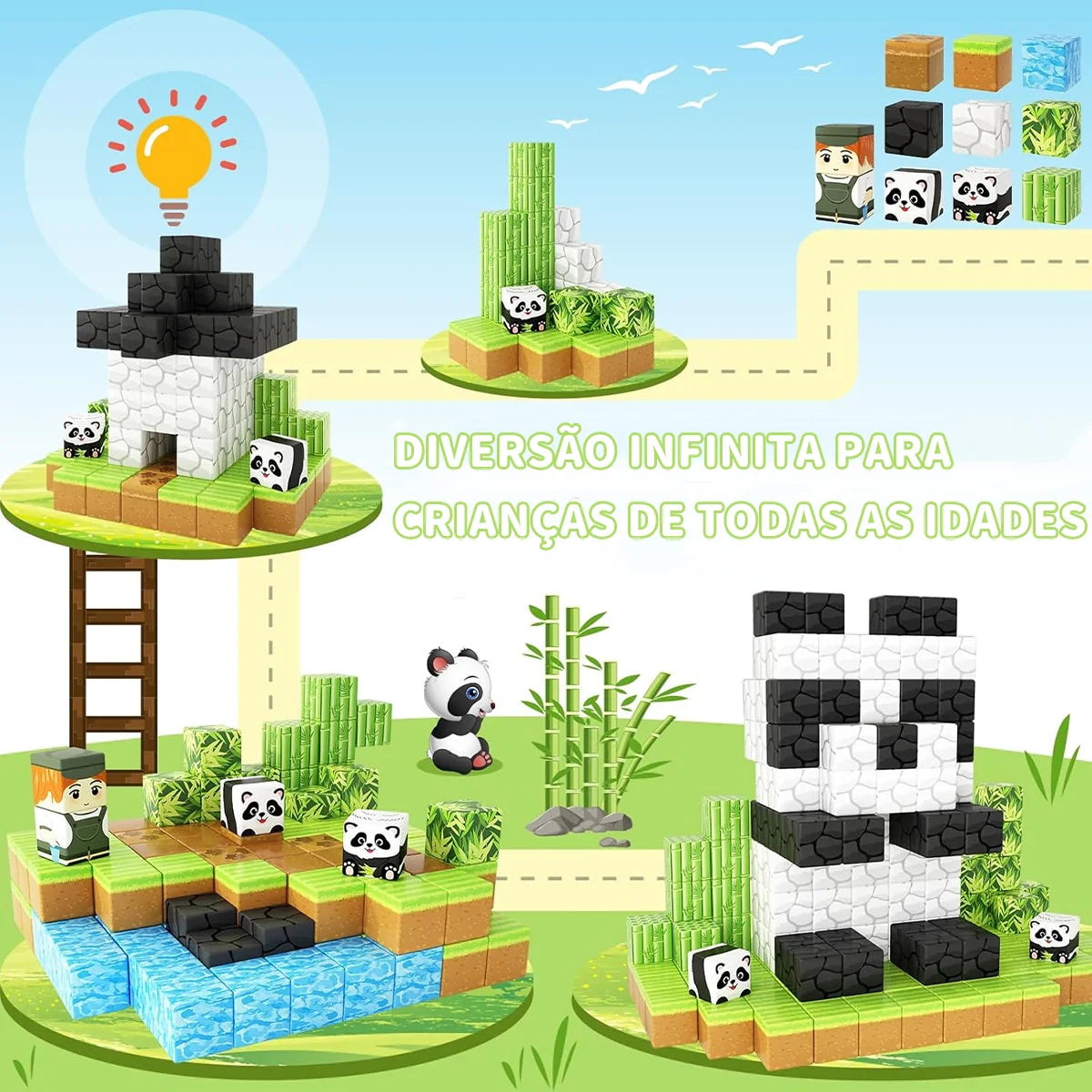 Blocos de Montar Magnéticos 70 Peças Brastoy Brinquedo Educativo Infantil Construção Tema de Panda