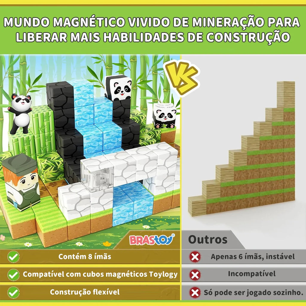 Blocos de Montar Magnéticos 70 Peças Brastoy Brinquedo Educativo Infantil Construção Tema de Panda