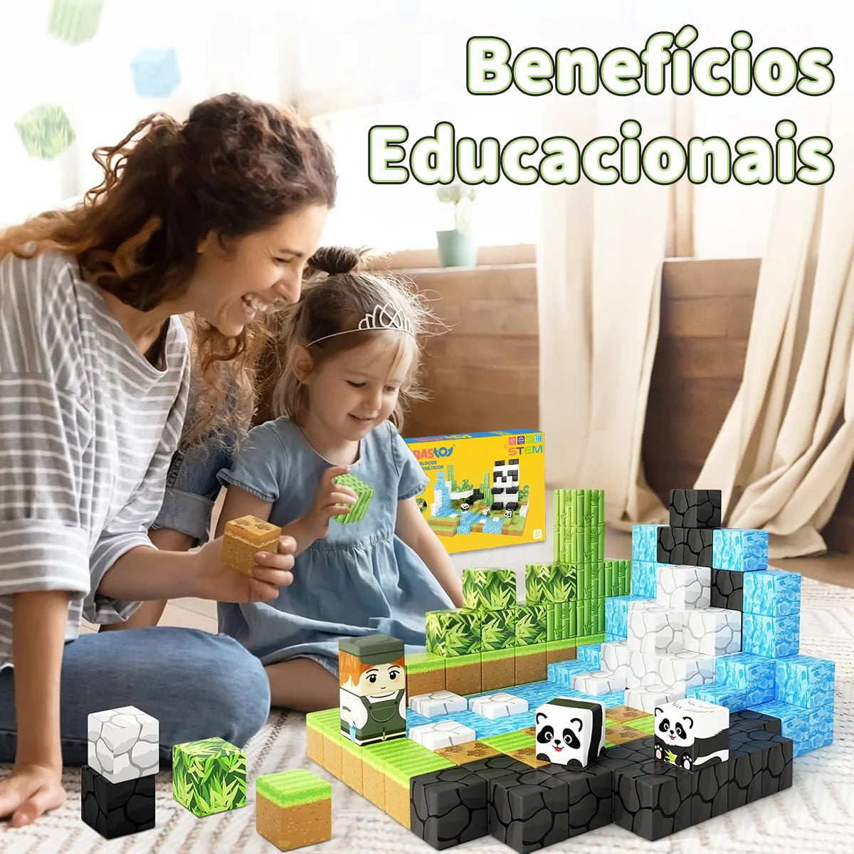 Blocos de Montar Magnéticos 70 Peças Brastoy Brinquedo Educativo Infantil Construção Tema de Panda