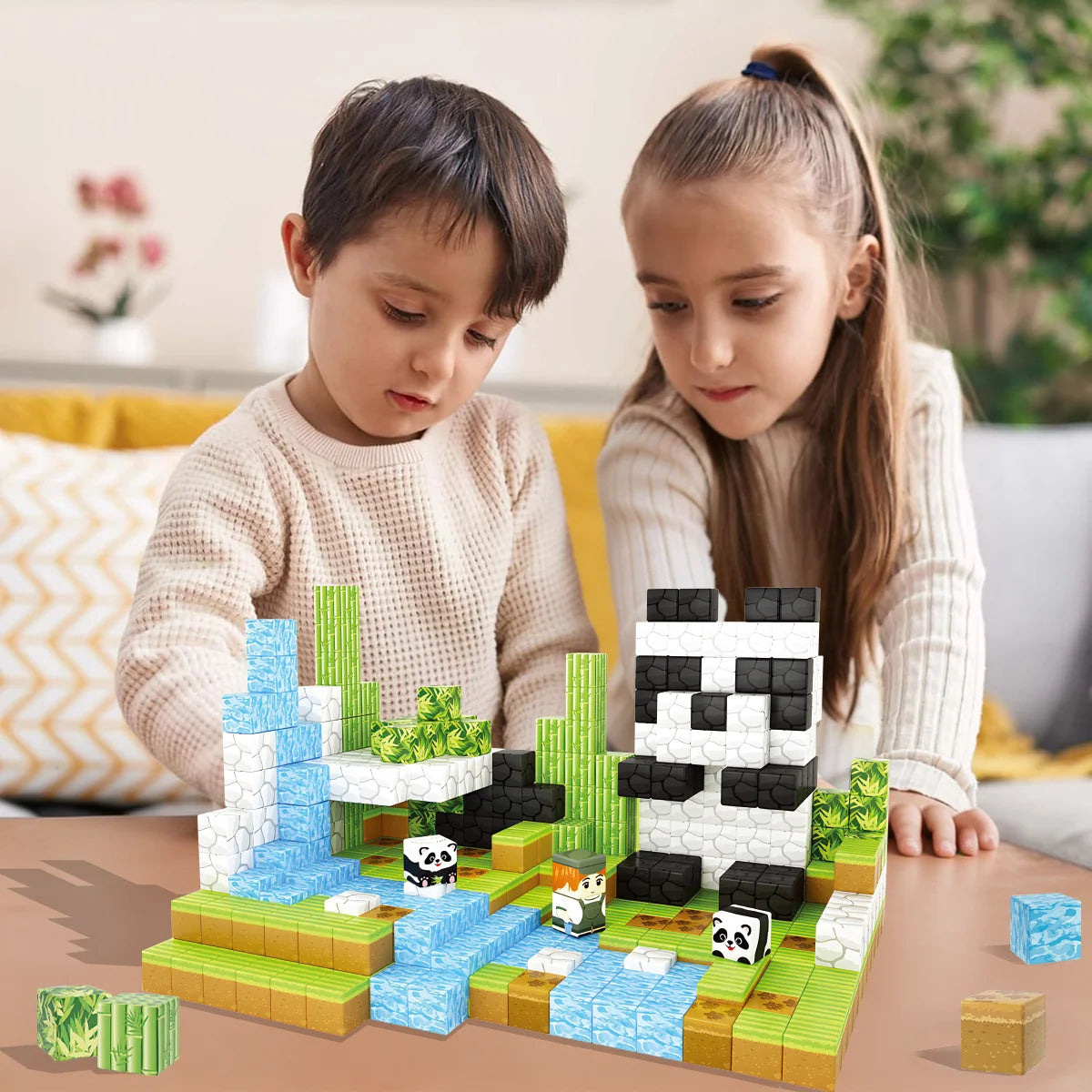 Blocos de Montar Magnéticos 70 Peças Brastoy Brinquedo Educativo Infantil Construção Tema de Panda