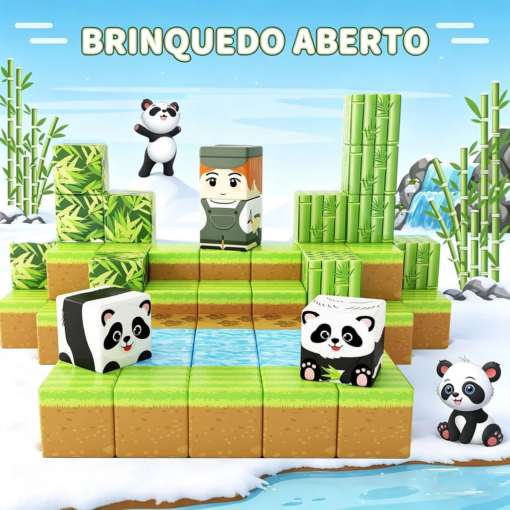 Blocos de Montar Magnéticos 70 Peças Brastoy Brinquedo Educativo Infantil Construção Tema de Panda