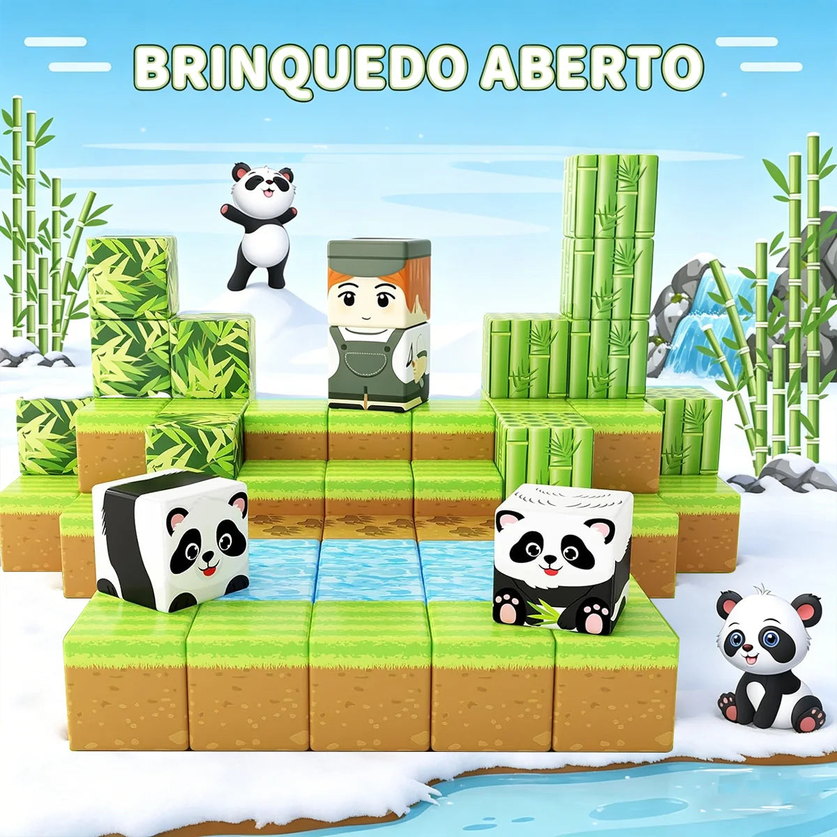 Blocos de Montar Magnéticos 70 Peças Brastoy Brinquedo Educativo Infantil Construção Tema de Panda