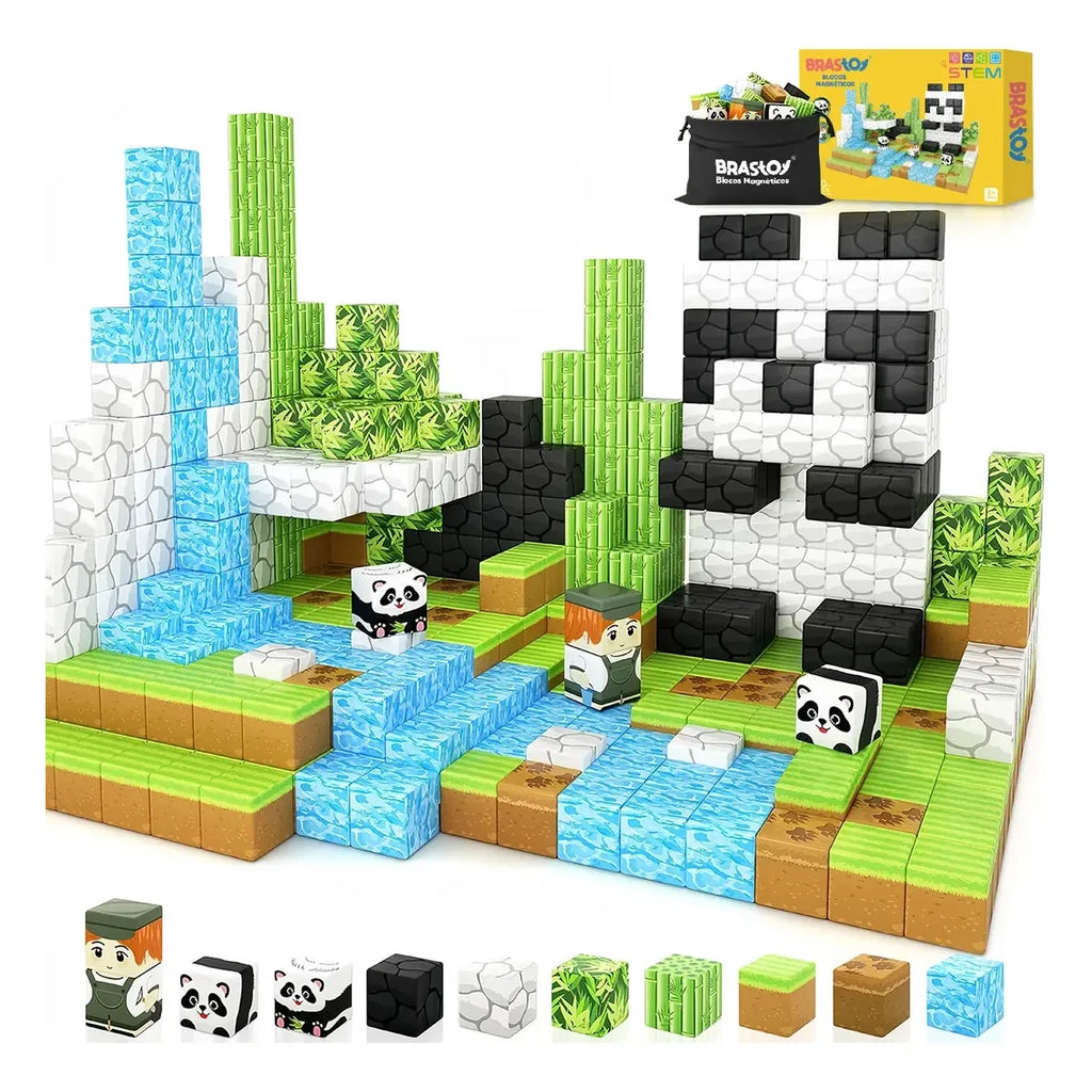 Blocos de Montar Magnéticos 70 Peças Brastoy Brinquedo Educativo Infantil Construção Tema de Panda