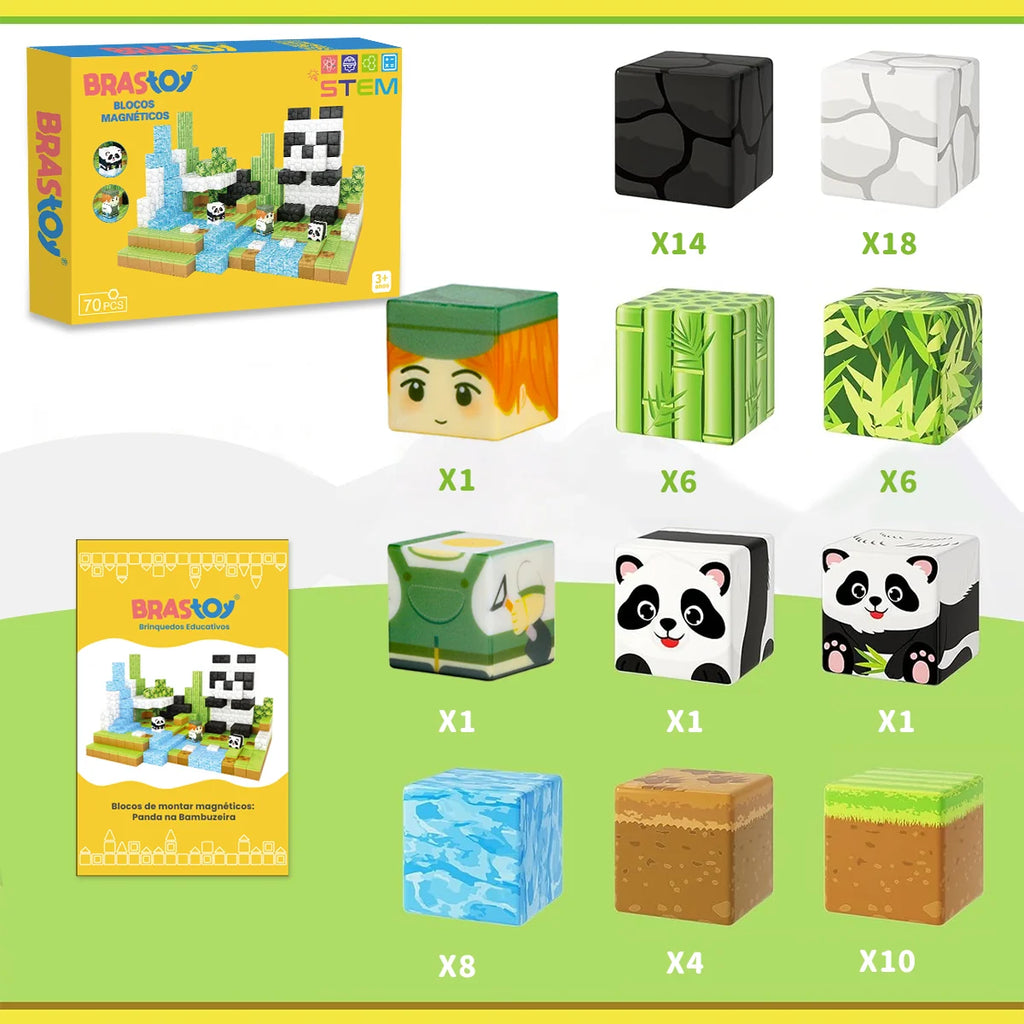 Blocos de Montar Magnéticos 70 Peças Brastoy Brinquedo Educativo Infantil Construção Tema de Panda