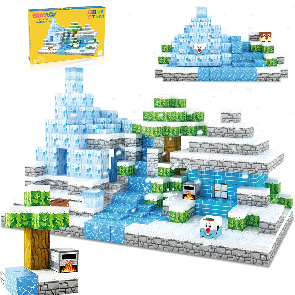 Blocos de Montar Magnéticos 54 Peças Brastoy Brinquedo Educativo Infantil Construção Tema Neve e Gelo