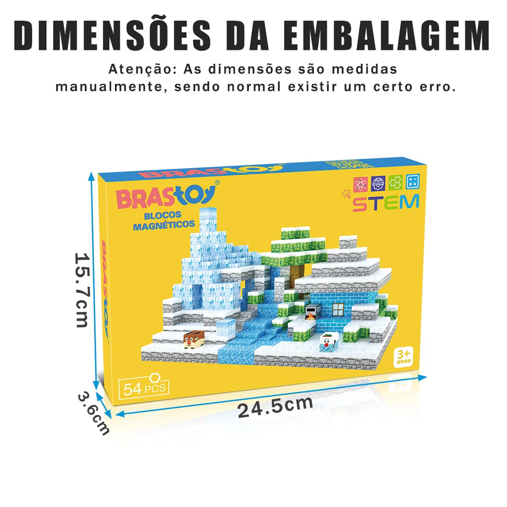 Blocos de Montar Magnéticos 54 Peças Brastoy Brinquedo Educativo Infantil Construção Tema Neve e Gelo