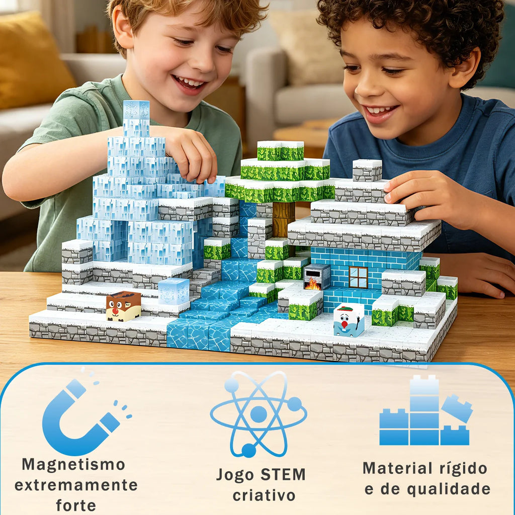 Blocos de Montar Magnéticos 54 Peças Brastoy Brinquedo Educativo Infantil Construção Tema Neve e Gelo