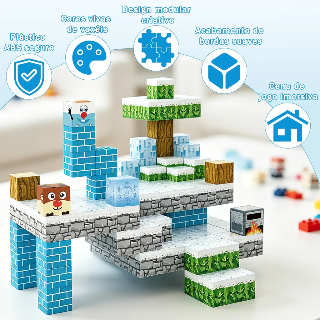 Blocos de Montar Magnéticos 54 Peças Brastoy Brinquedo Educativo Infantil Construção Tema Neve e Gelo