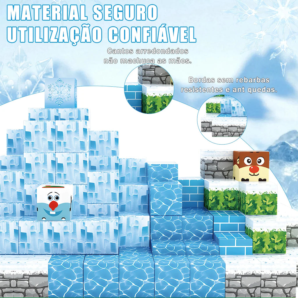 Blocos de Montar Magnéticos 54 Peças Brastoy Brinquedo Educativo Infantil Construção Tema Neve e Gelo
