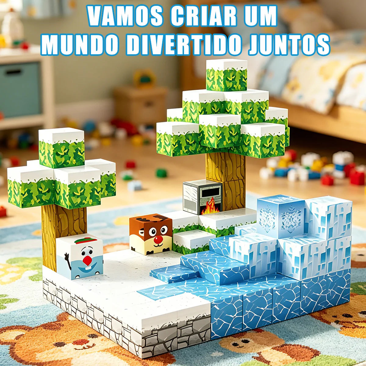 Blocos de Montar Magnéticos 54 Peças Brastoy Brinquedo Educativo Infantil Construção Tema Neve e Gelo