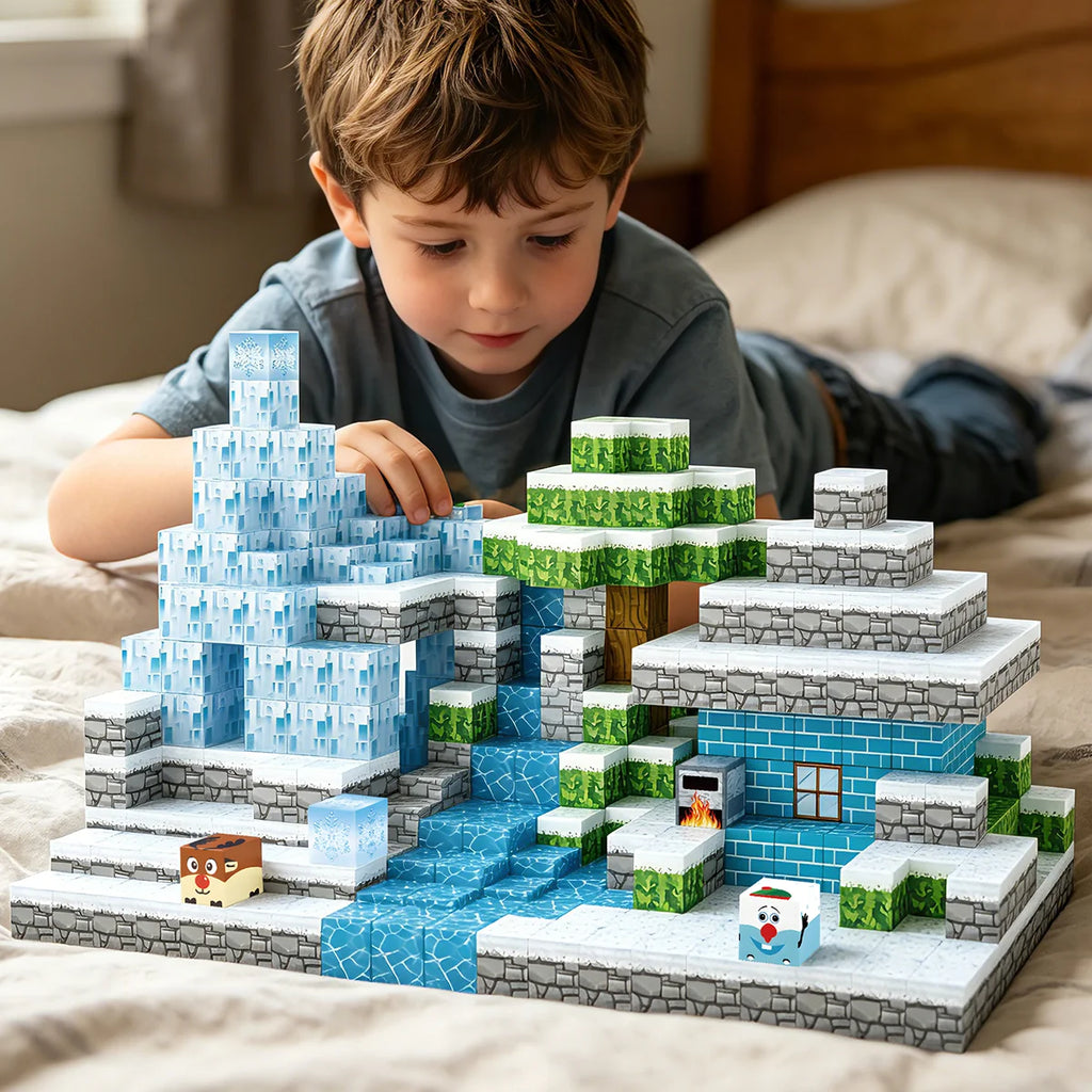 Blocos de Montar Magnéticos 54 Peças Brastoy Brinquedo Educativo Infantil Construção Tema Neve e Gelo
