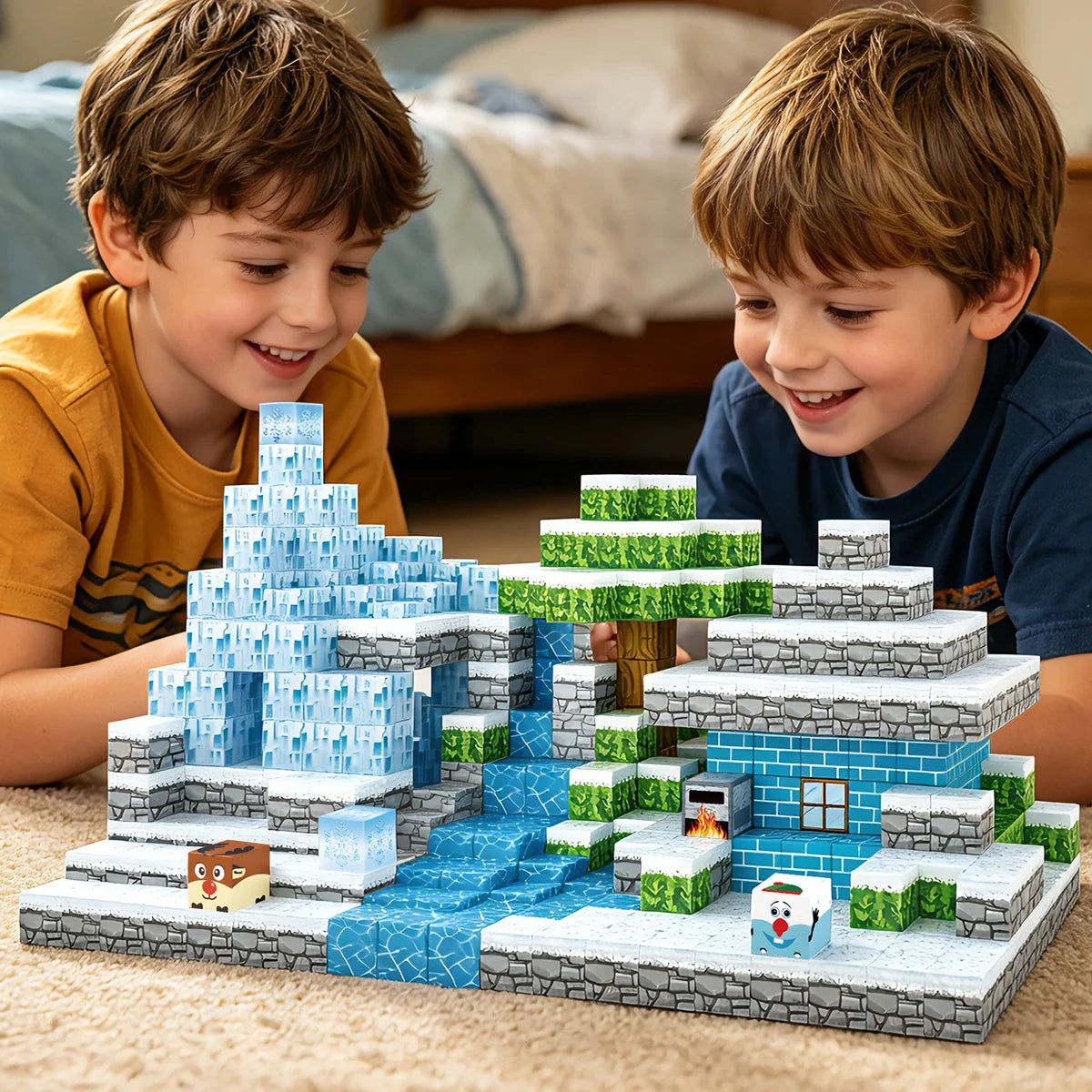Blocos de Montar Magnéticos 54 Peças Brastoy Brinquedo Educativo Infantil Construção Tema Neve e Gelo