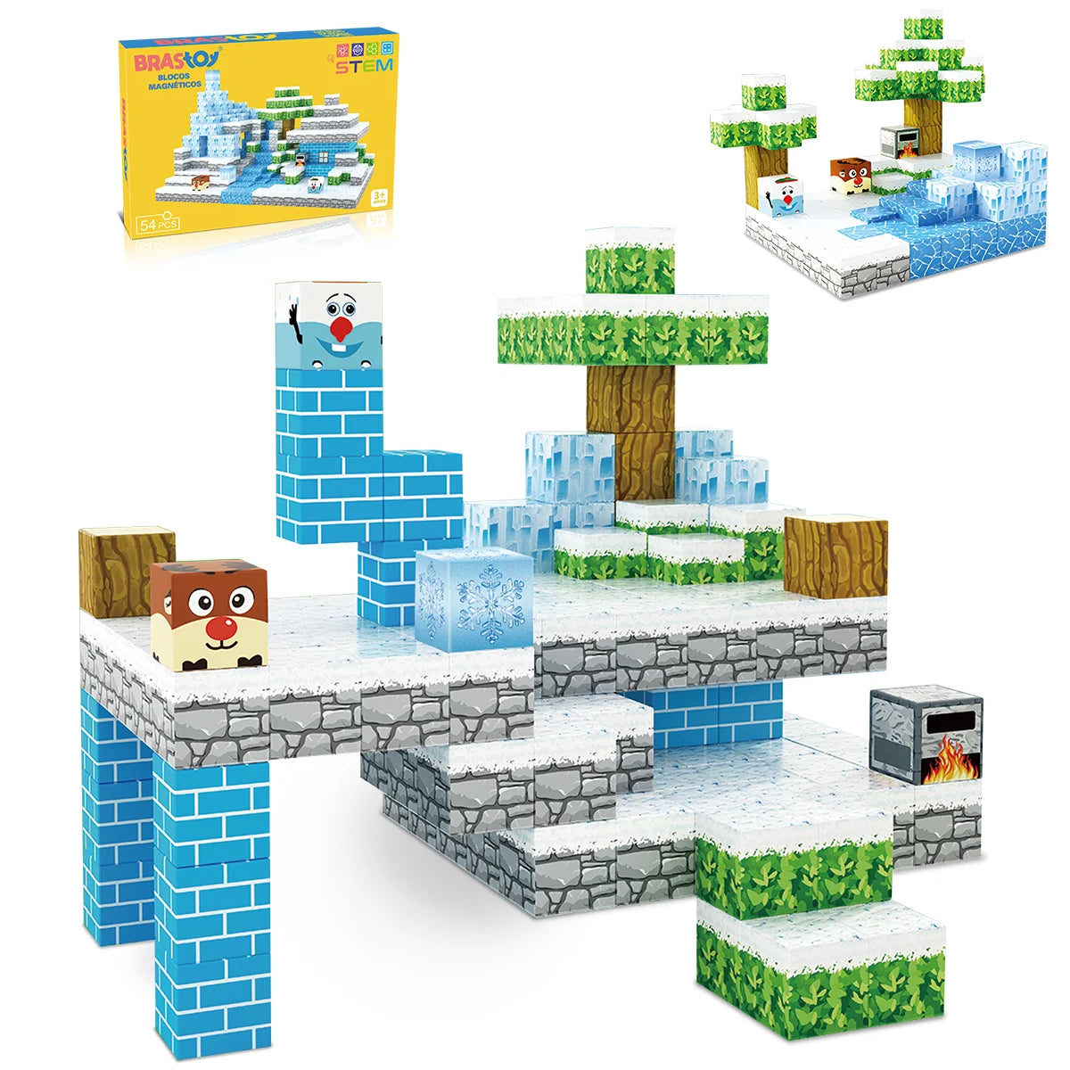 Blocos de Montar Magnéticos 54 Peças Brastoy Brinquedo Educativo Infantil Construção Tema Neve e Gelo