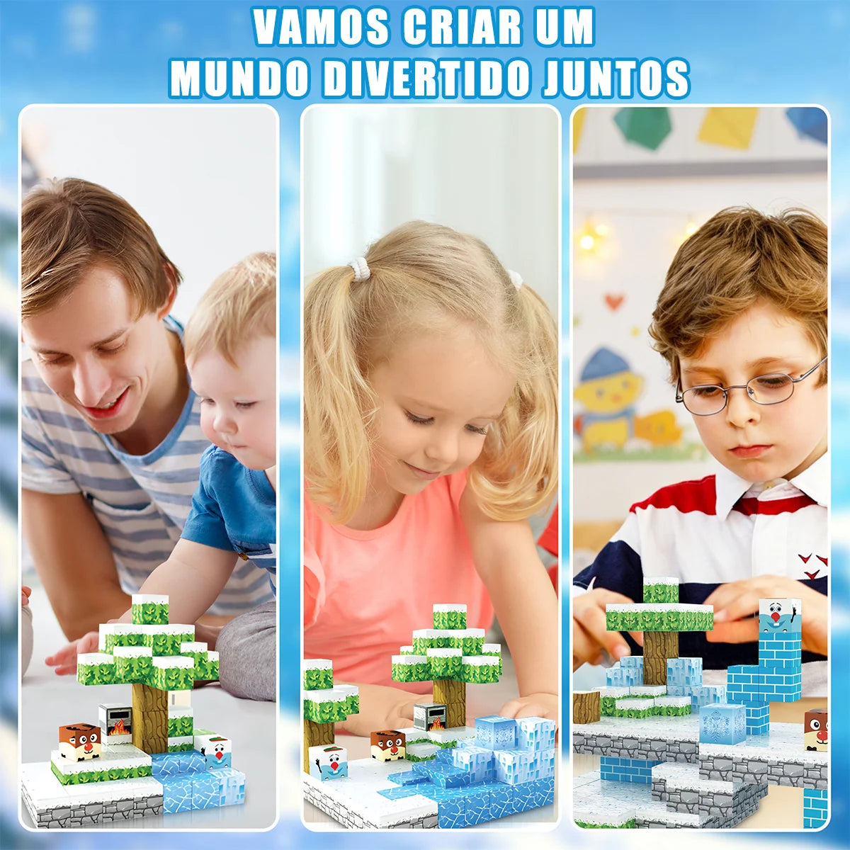 Blocos de Montar Magnéticos 54 Peças Brastoy Brinquedo Educativo Infantil Construção Tema Neve e Gelo