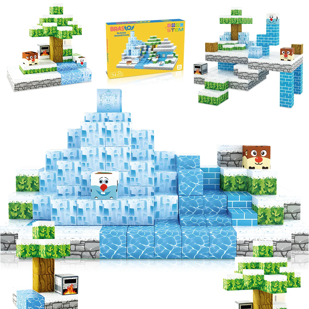 Blocos de Montar Magnéticos 54 Peças Brastoy Brinquedo Educativo Infantil Construção Tema Neve e Gelo
