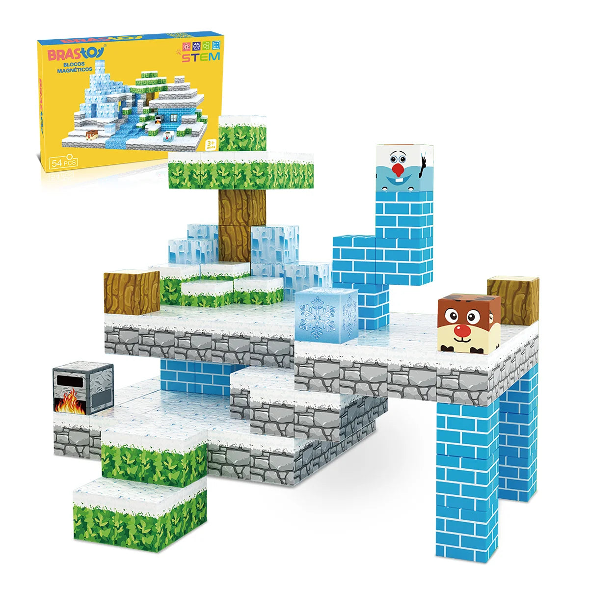 Blocos de Montar Magnéticos 54 Peças Brastoy Brinquedo Educativo Infantil Construção Tema Neve e Gelo
