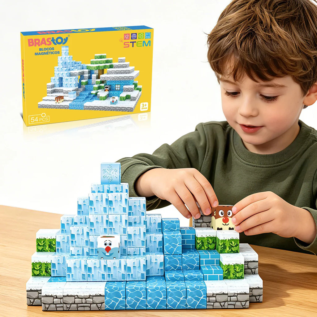 Blocos de Montar Magnéticos 54 Peças Brastoy Brinquedo Educativo Infantil Construção Tema Neve e Gelo