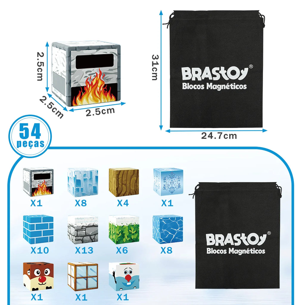 Blocos de Montar Magnéticos 54 Peças Brastoy Brinquedo Educativo Infantil Construção Tema Neve e Gelo